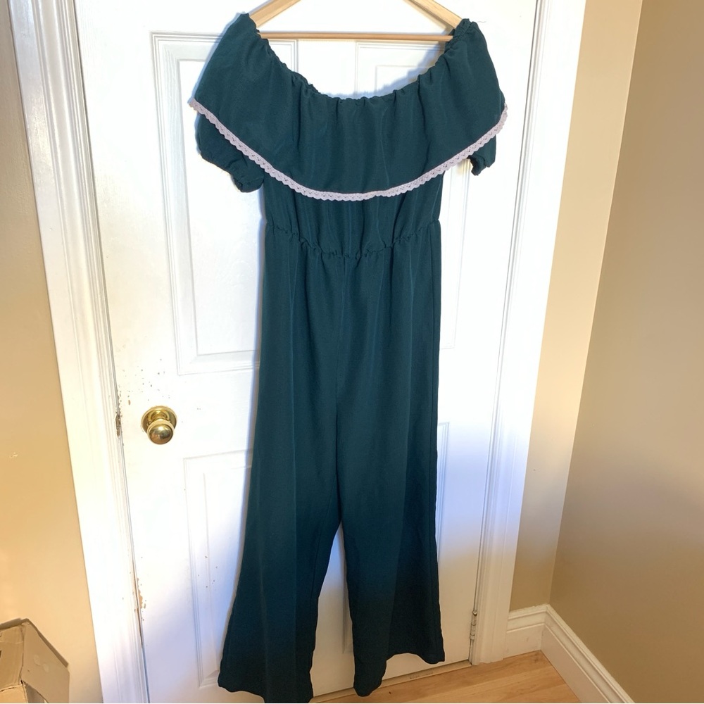 ⚡️3 for 25⚡️ Shein Deep Teal With White Trim Off-Shoulder Jumpsuit – Size XL